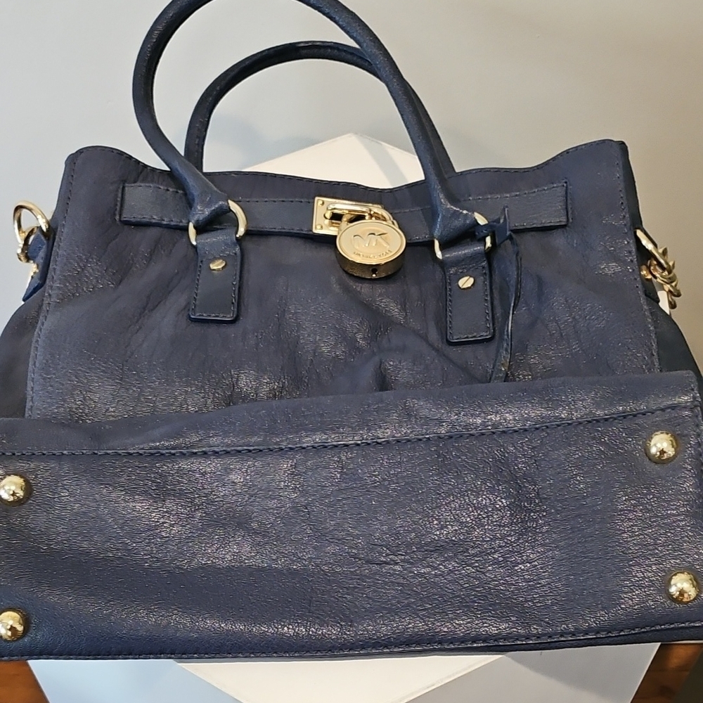 Michael Kors Navy Leather Satchel with Gold Hardware